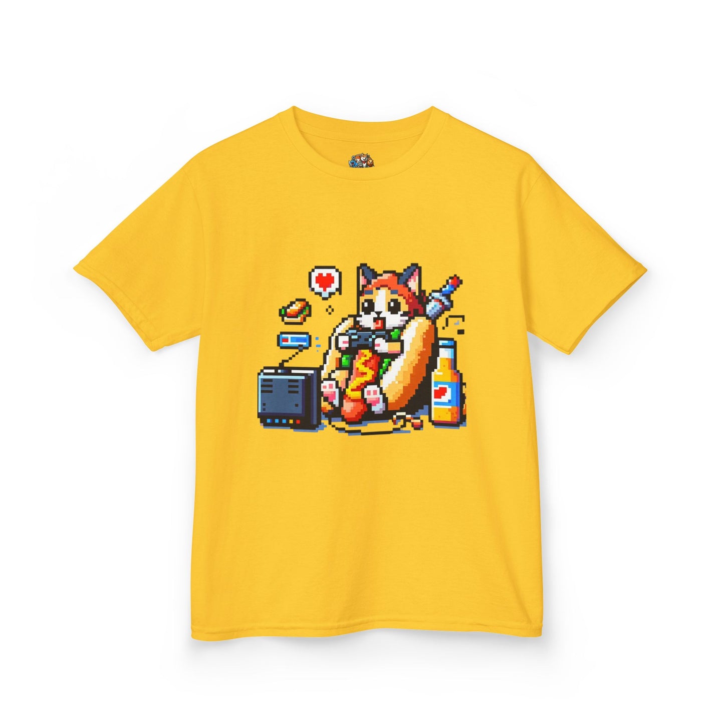 Cat in hotdog costume eating food while playing videogames