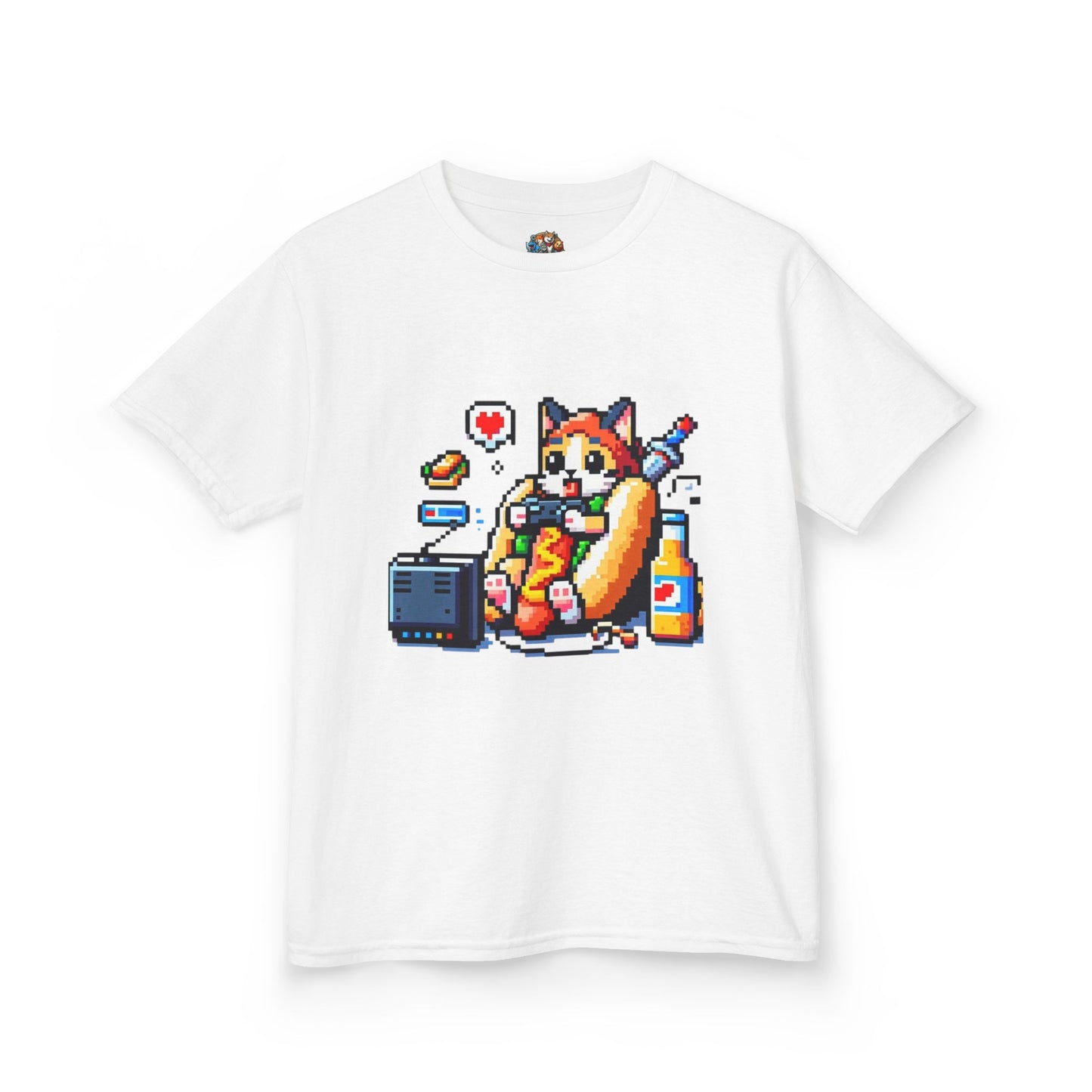 Cat in hotdog costume eating food while playing videogames