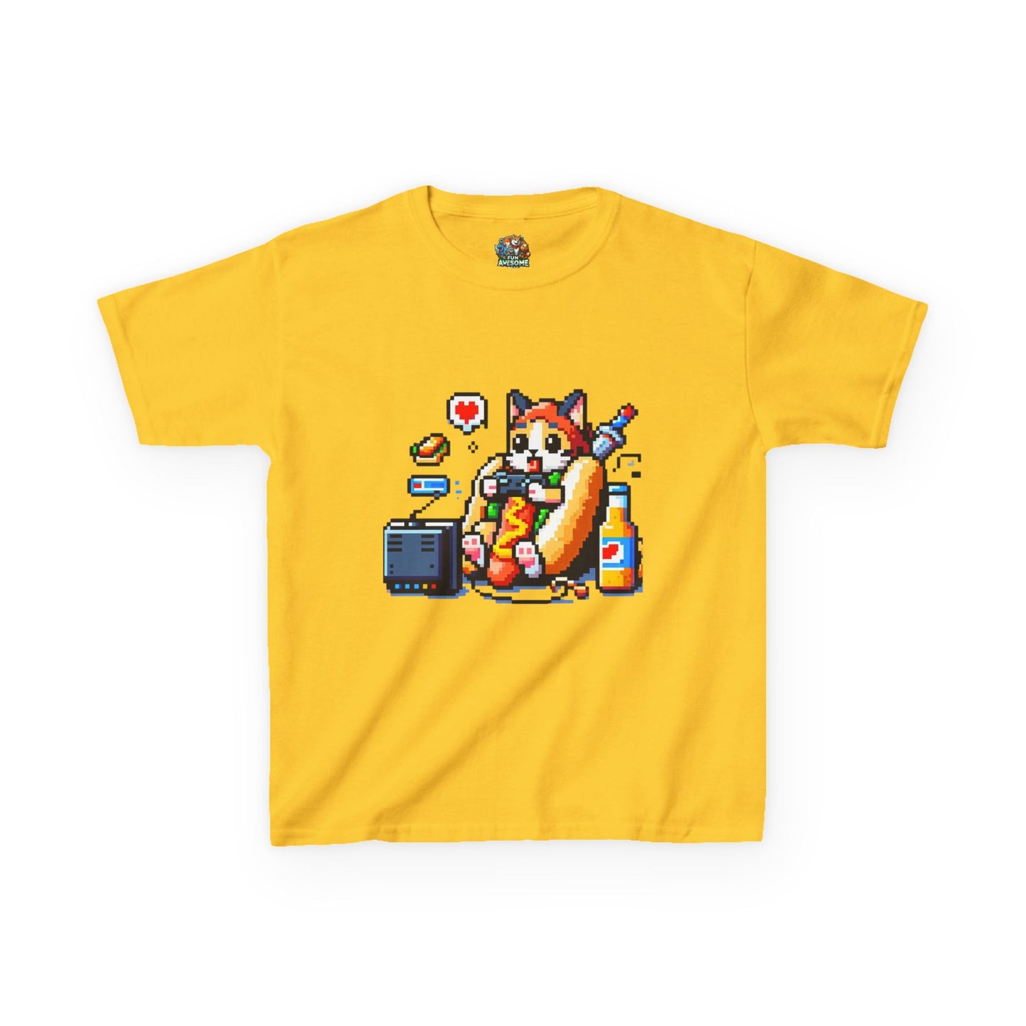 Cat in hotdog costume eating food while playing videogames