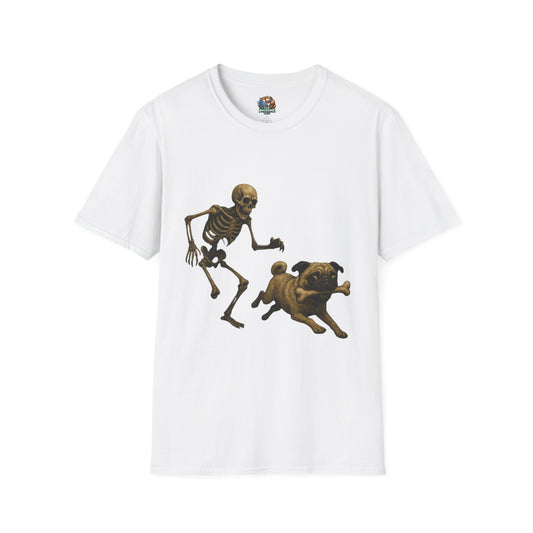 Pug stealing bone then running away from skeleton